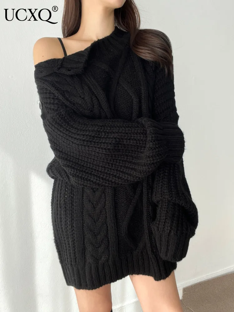 

UCXQ Vintage Casual Knitwear Korean Style Solid Color All Match Strapless Long Sleeve Sweater Women 2024 New Spring Autumn A4231