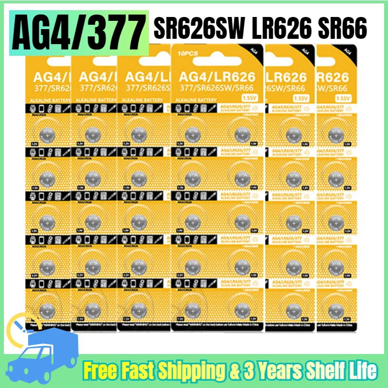 4-100PCS AG4 Alkaline Coin Cell LR626 377 SR626 177 626A 377A CX66W Button Battery For Toy Calculator Car Key Clock Watch 1.55V