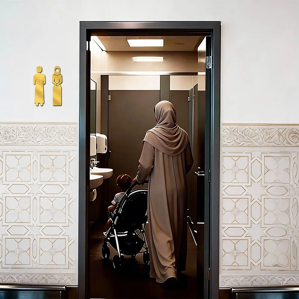 3D Arab Toilet Sign Sticker Acrylic Black Gold Silver WC Signage Board DIY Accessories Mirror Surface Washroom Sign Sticker
