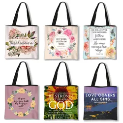 Bolso de mano con estampado de versículo de la Biblia cristiana para mujer, bolsa de hombro de moda para compras, bolso de mano de viaje para chica, regalo