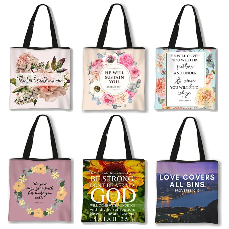 Christian Bible Verse Print Handbag God He Will Sustain You Lady Shopping Fashion Shoulder Bag Girl Travel Tote Bag Gift