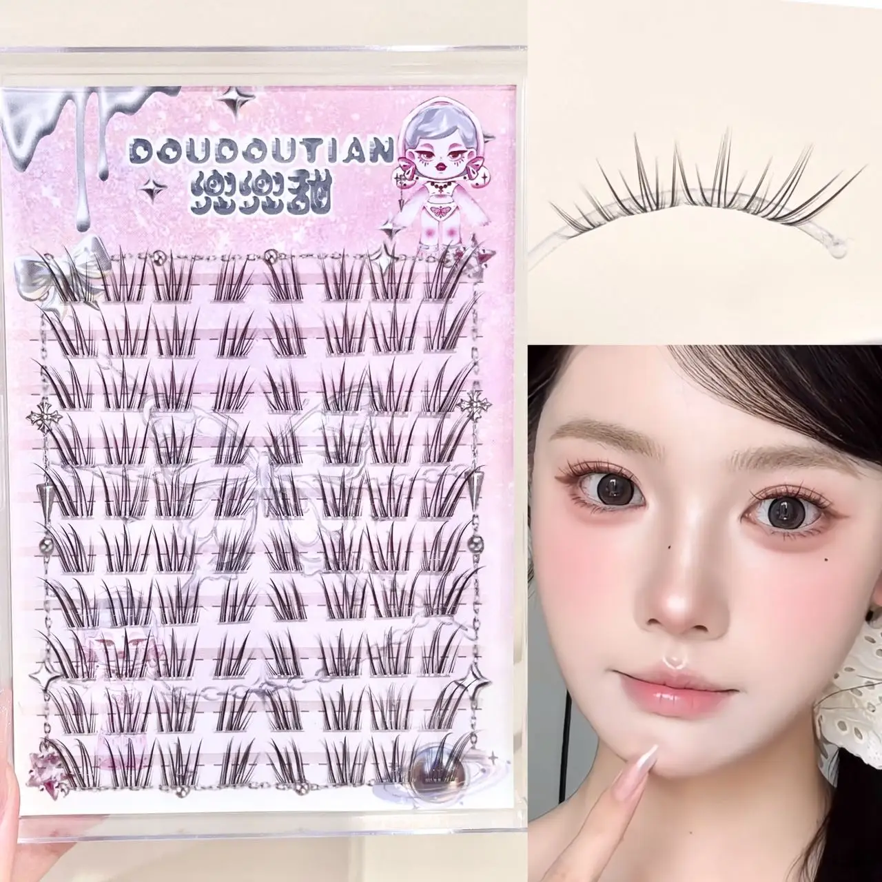 Doudoutian Dunkelbraune, schräge Wimpernbüschel mit dünnem, transparentem Band, Wispy Gradient Tips für einen Lifting-Effekt und Augenformung, für tägliches und Party-Make-up – Detail 1