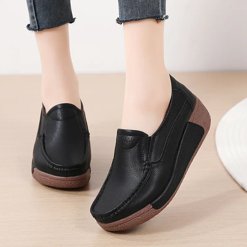 Spring and Summer Women Fashion Loafers Genuine Leather Moccasins Autumn Slip-on Casual Round Toe Wedge Platform Rocking Shoes