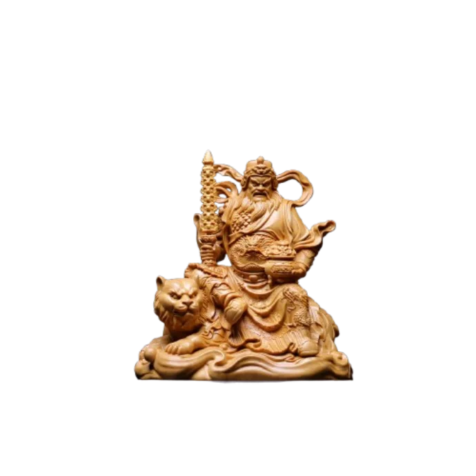 Authentic lobular boxwood carved tiger riding god of fortune ornament home decoration craftsmanship