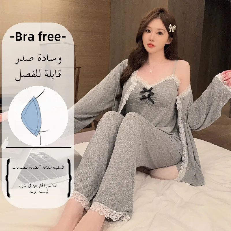 

plus Size Women's Spwear ay Spring Autumn Tee-Piece Set Modal High Elastici Home Clothes with Chest Pad Sweet Cute S...
