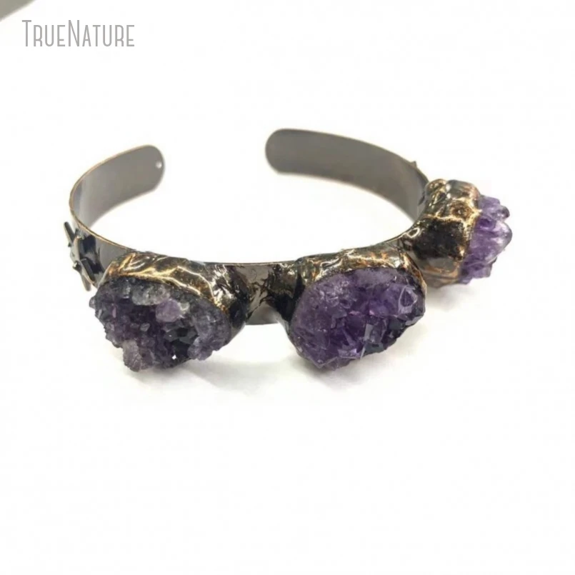 5Pcs Wholesale  Antique Bronze Color Tin Amethysts Druzy Cluster Vintage Style Handmade Soldered Free Form Bangle BM48700