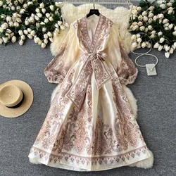 Spring Summer Bohemian Paisley Dress Holiday Puff Sleeve Cross V Neck Vintage Print Bandage Lace Up Robe Vestidos Maxi Clothes