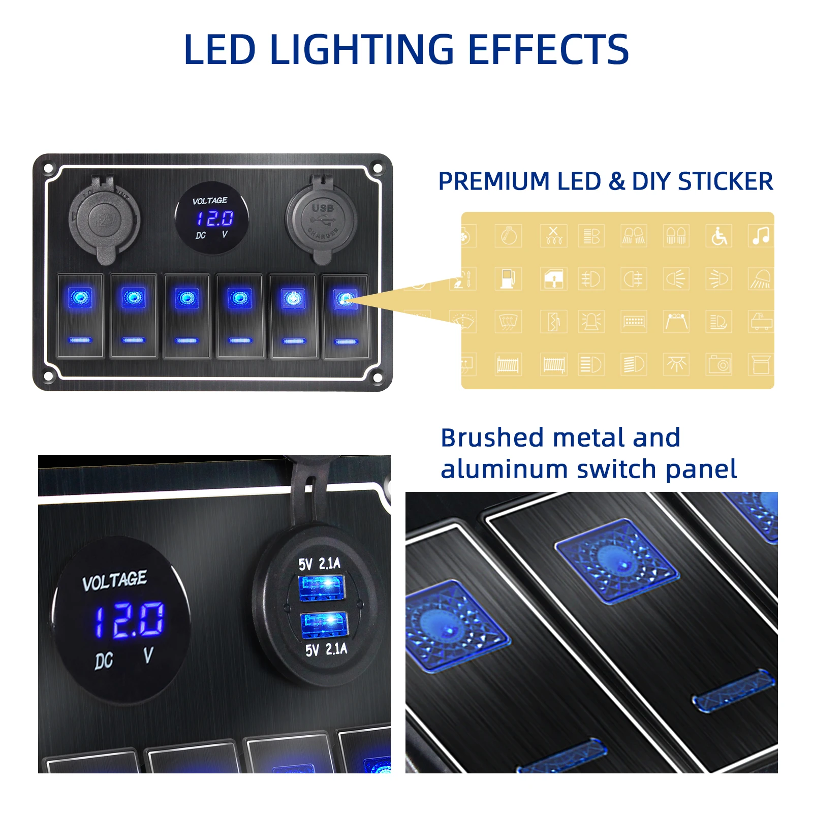 Digital Display Super Metal   4-8 Gang ON Off Switch for Boat Car Marine ATV UTV with Blue LED USB  Rocker Switch Panel