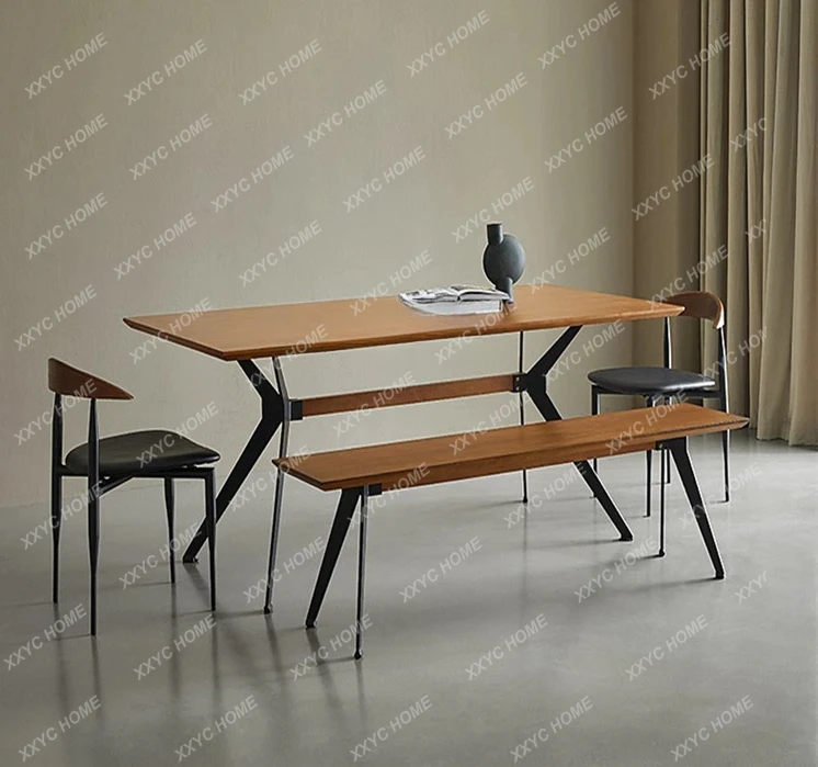 A  Nordic Simple Solid Wood Dining Table Modern Minimalist Creative Log Desk Industrial Style Iron Retro Domestic
