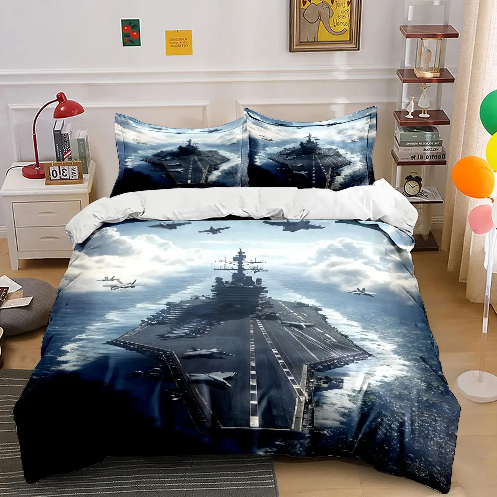 Aircraft Carrier and Fighter Jets Flying Print Bedding Set 1 Duvet Cover 2 Pillowcases for Adult and Children Luxury Gift