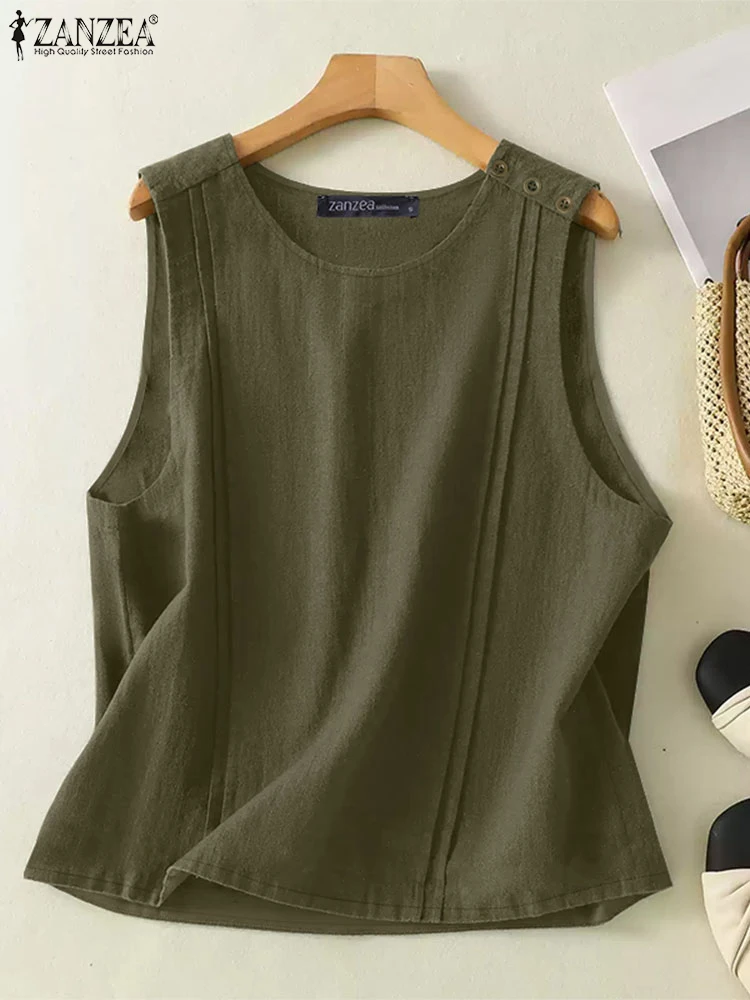 ZANZEA 2025 Summer Cotton Tank Tops Women Vintage Everyday Pleated-Bib O Neck Sleeveless Tees Casual Solid Color Holiday Camis