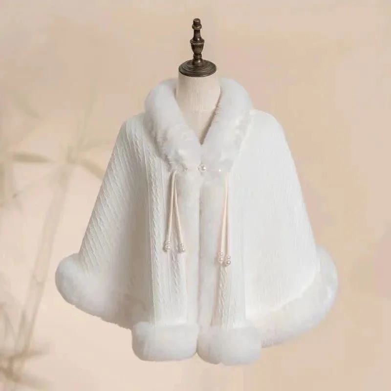 Autumn Winter Women Plush Coat Ethnic Style Temperament Cheongsam Warm Cloak Jacket New Elegant Patchwork Fur Cape Shawl Coat