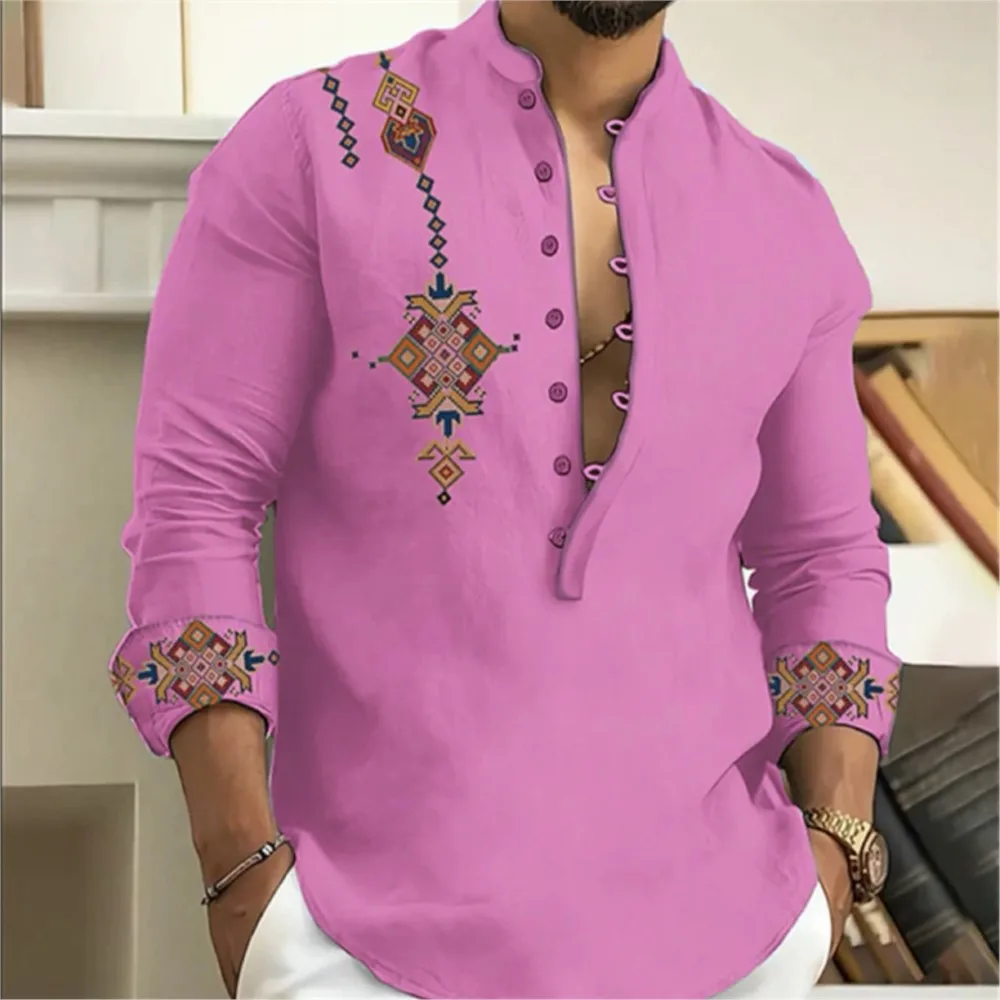 Camicia Tribe Pattern Stampa Geometria retrò Leads Abbigliamento uomo musulmano Camicia a maniche lunghe Super Large Size Erkek Kiabweetleri