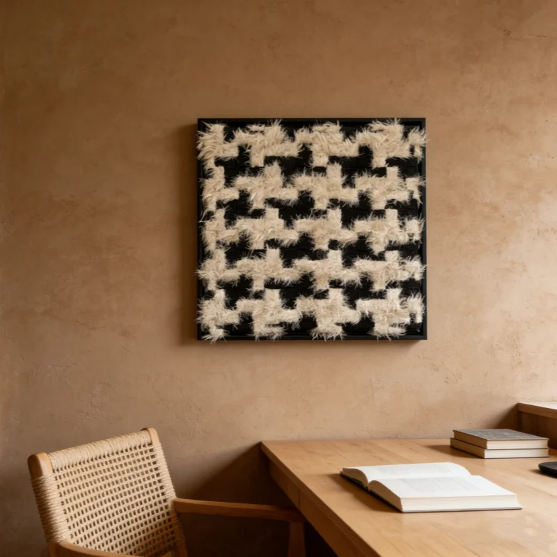 

Handmade Plush Woven 3D Wall Art Houndstooth Textured Framed Hanging Soft Textile Wall Decor for Home Interior