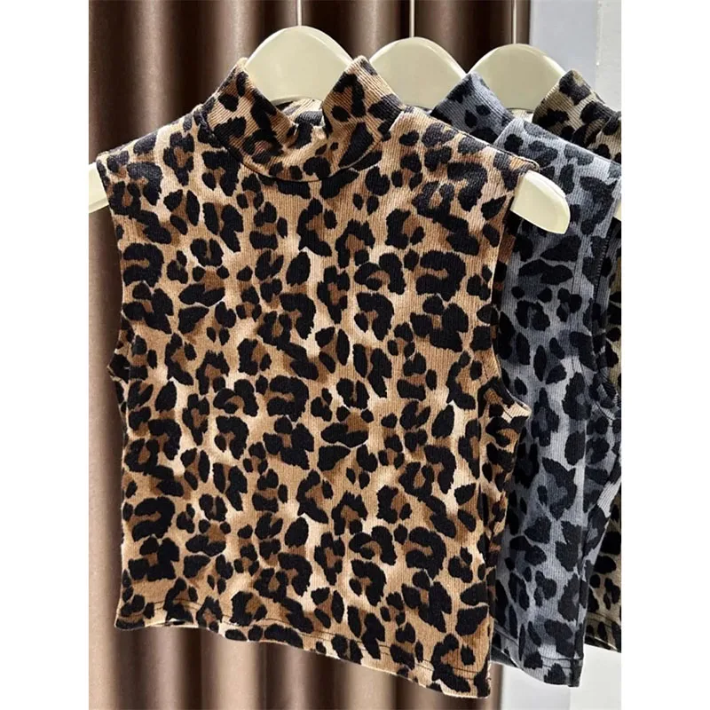 سترة نسائية بدون أكمام قميص برايمر جديد بنصف الياقة العالية صدرية فضفاضة سترات مطبوعة بنقشة الفهد بلوفر علوي للسيدات