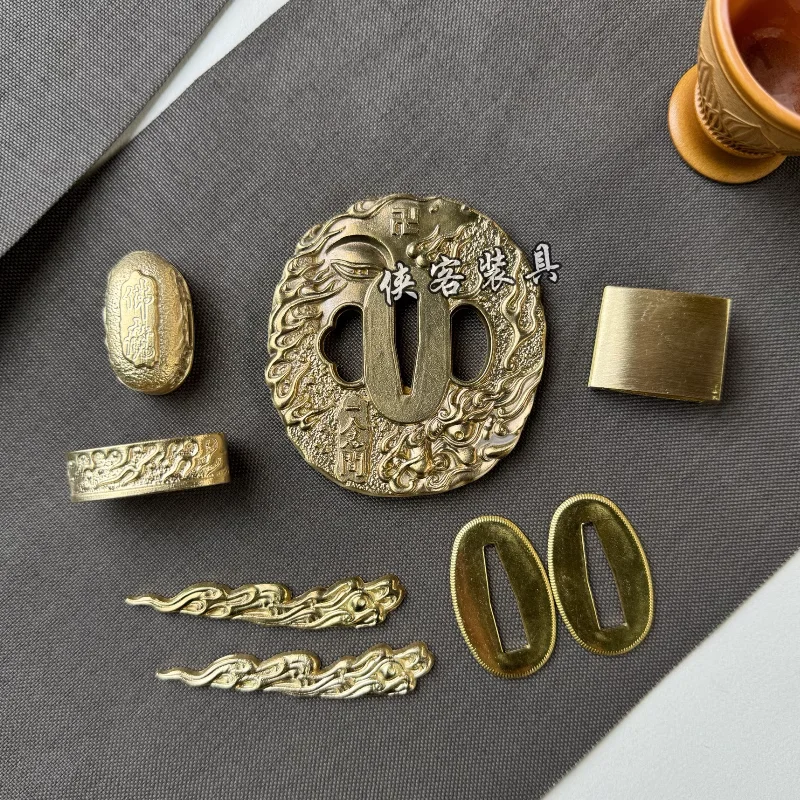 

Katana Sword Accessories Components Bright Brass Copper Set of Tsuba Habaki Fuchi Kashira Seppa Menuki