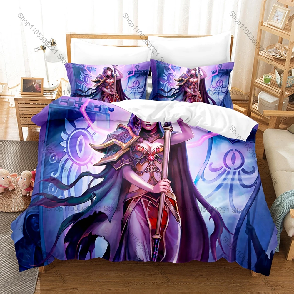 Cool Hearthstone Classic Hero Jaina Thrall Valeera Uther Dragon Card Frame Magical Tavern Duvet Cover + 2 Pillowcases Game Fan B