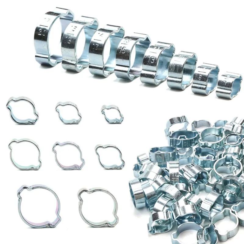 150Pcs 5-20mm Hose Clamp Double Ears Clamp Worm Drive Fuel Water Hose Pipe Clamps Clips+1PC Plier