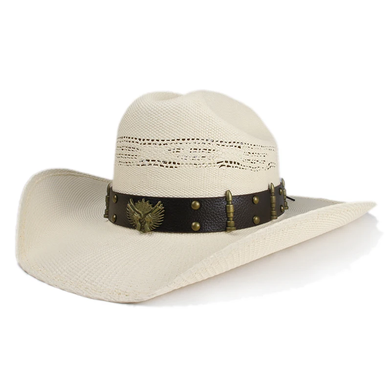 Unisex Two Guns Hollow-out Yellowstone Hard Straw Beach American Western Wide Brim Cowboy & Cowgirl Sun Hat Pinch Front 55-61cm