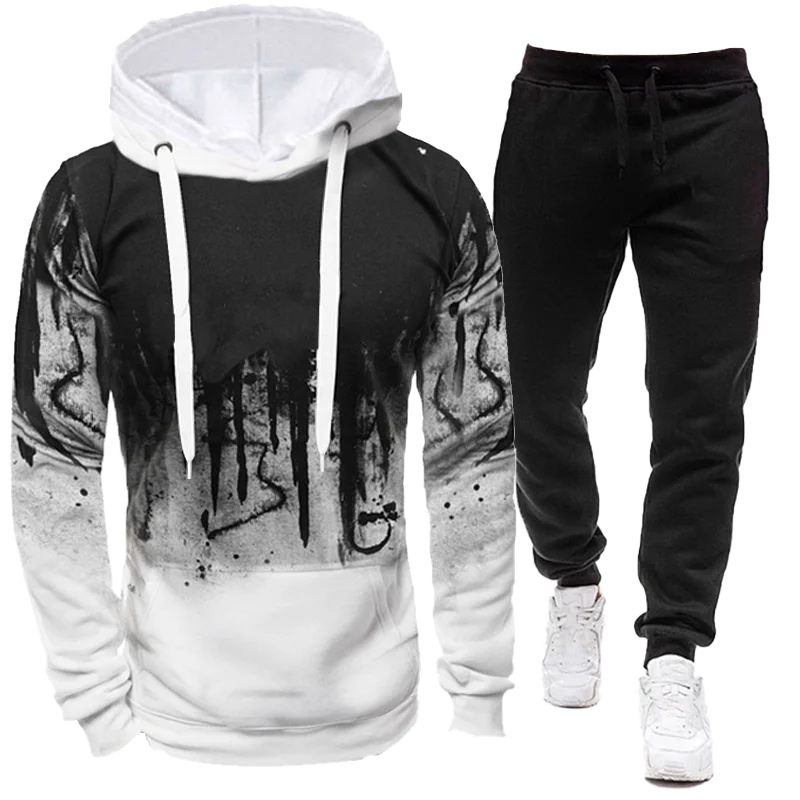 2023 Sportswear Men\'s casual Hoodie pants 2-piece autumn and winter jogging splash ink long sleeve splash ink sweater suit S-4XL