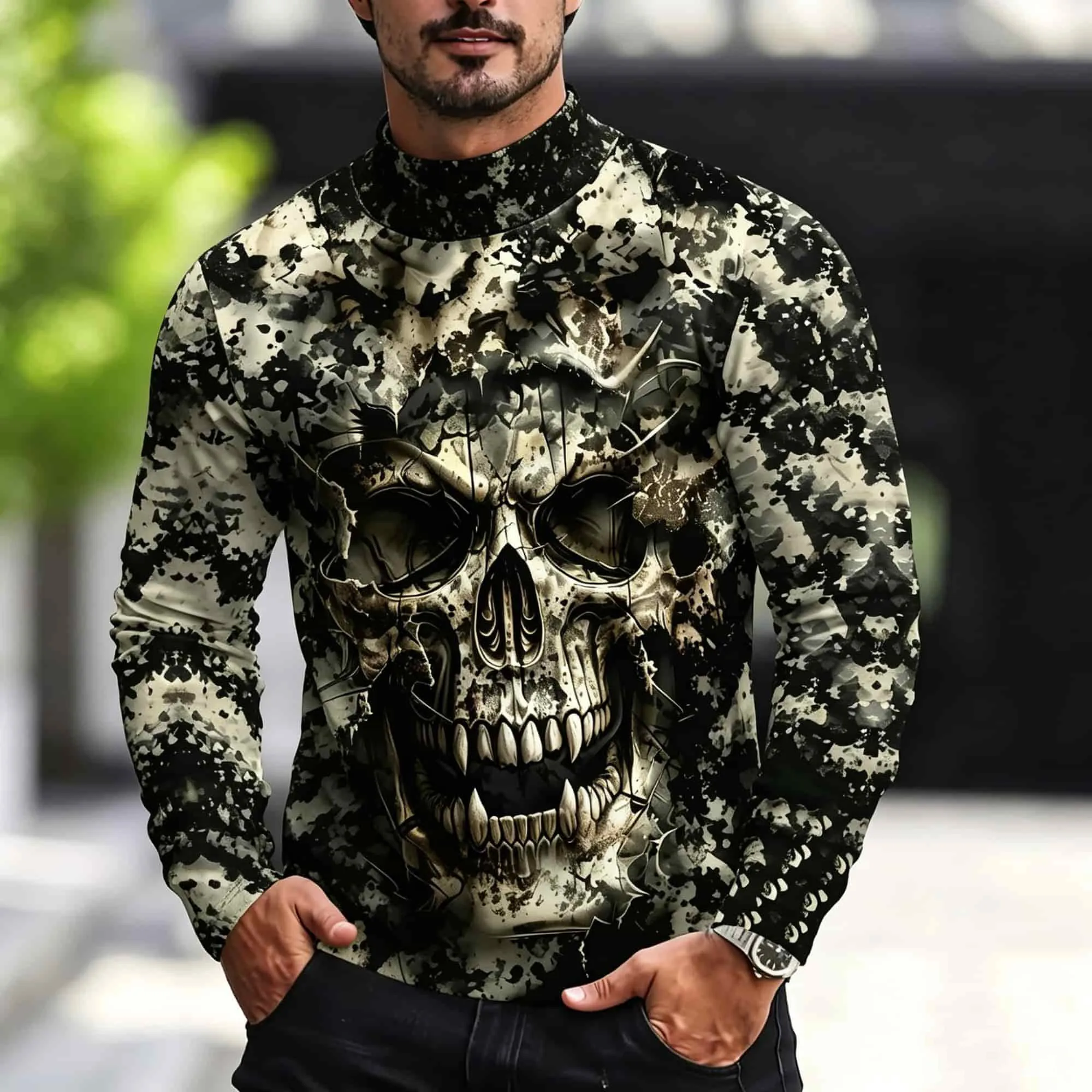 Men's Mock Neck Long Sleeve T‑Shirt Retro Skull Camo All‑over Print Pullover Casual Streetwear Polyester Top For Autumn Winter