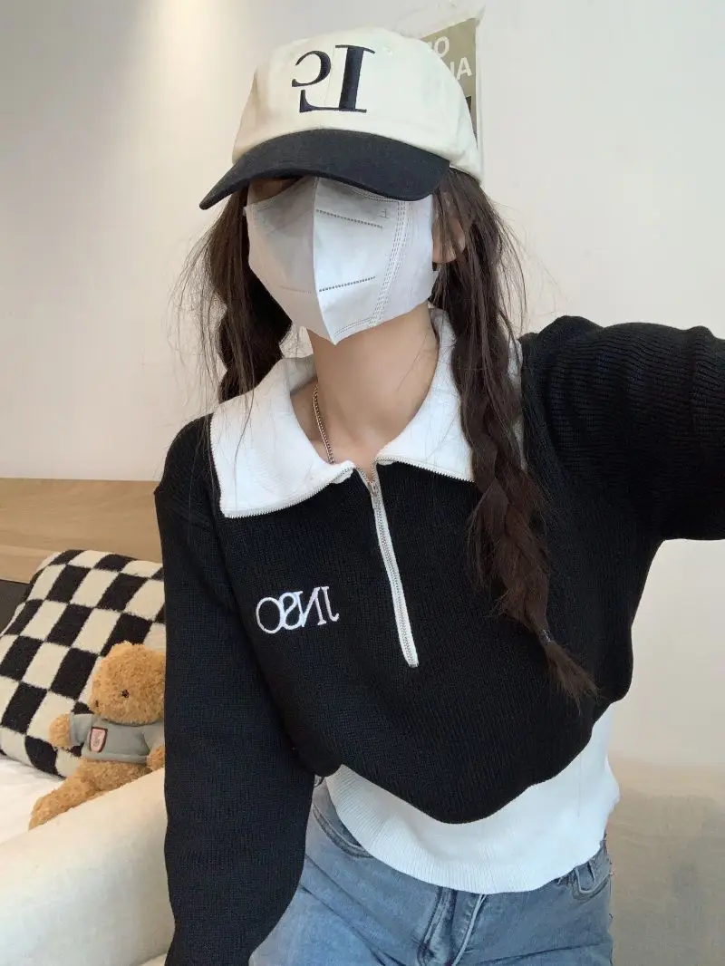 Short Style Woman Sweater Zipper Autumn Winter Fashion Long Sleeve Women'S Loose Korean Style Lapel 2023 New