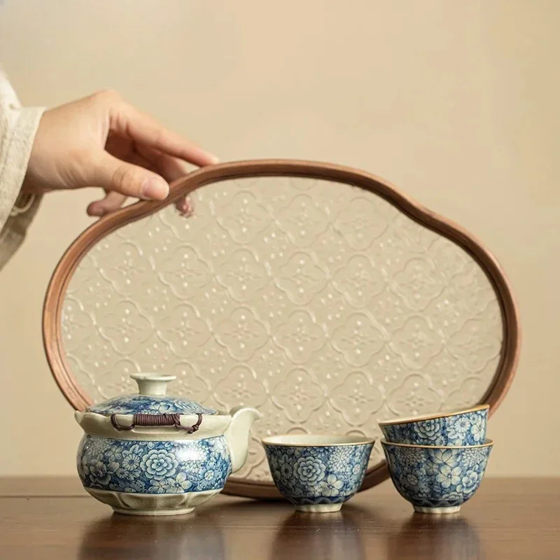 Boutique Ru Kiln Hand-grasp Pot Creative Flowers Tea Set Kit With Begonia Plate Retro Tea Ceremony Set Pot And Cu Teaset Crafts
