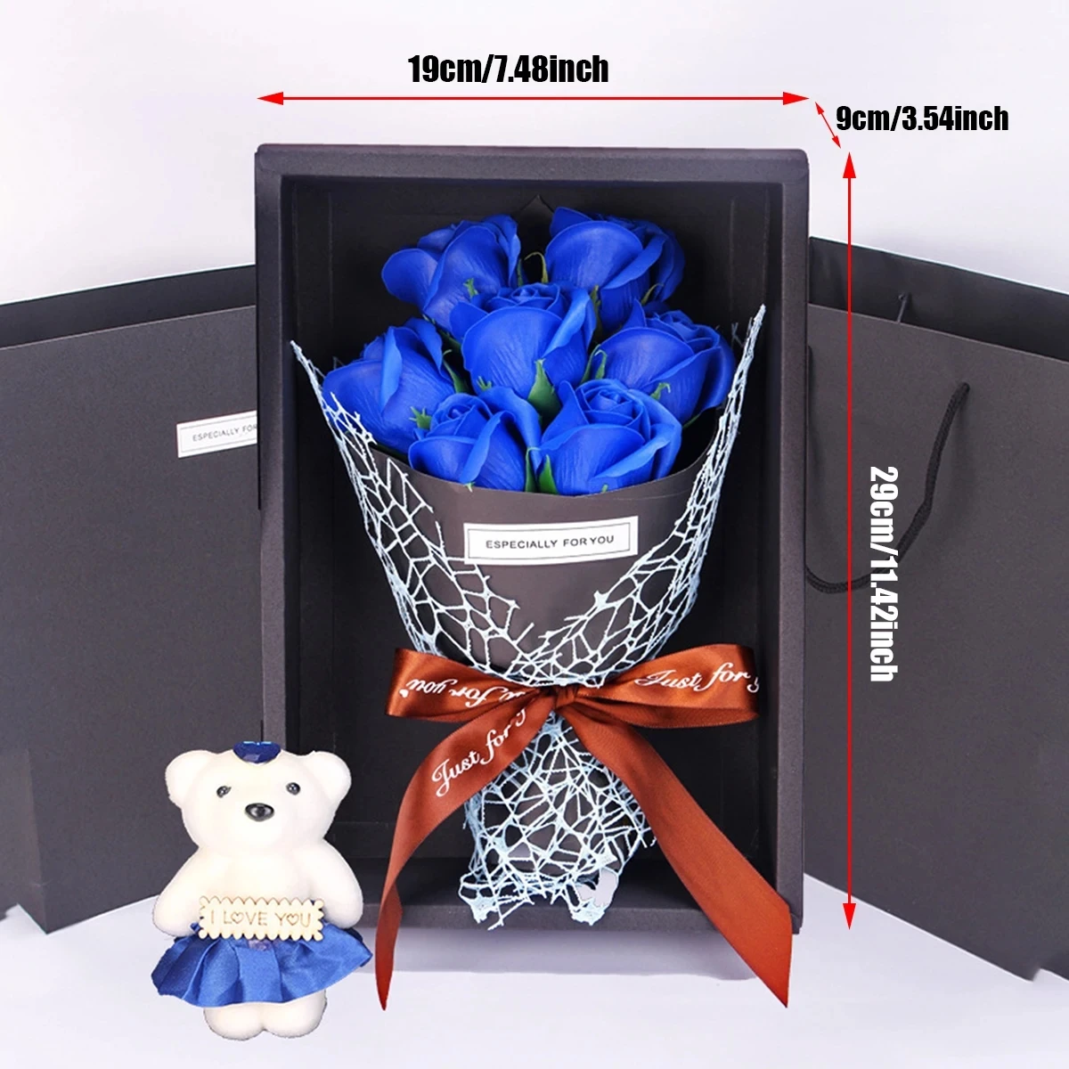Künstlicher Rosenstrauß mit 7 Köpfen, kleiner Bär, Geschenkbox, Valentinstag, handgefertigt, falscher Blumenstrauß, Muttertag, Geburtstag, Party, G – Detail 1