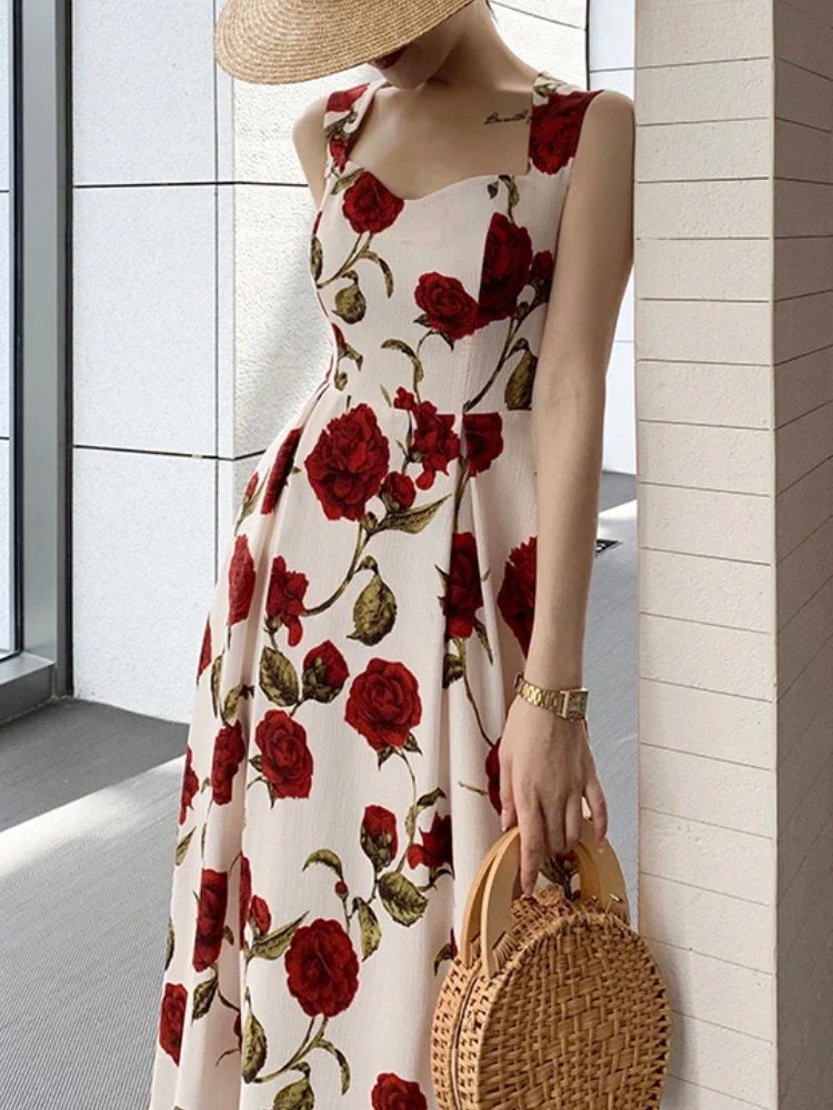 Pop mujer verano elegante estampado Floral Rosa Correa vestido Midi sin mangas Casual playa fiesta vestido veraniego mujer moda A-Line Vesti