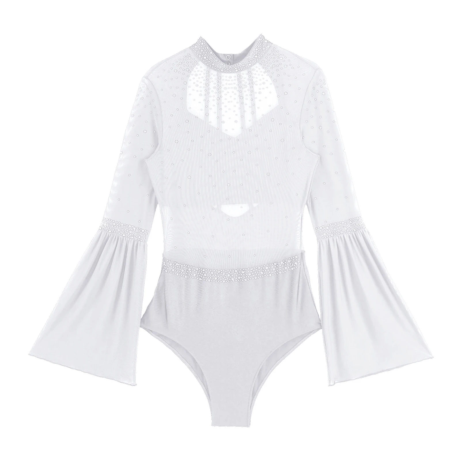 Damen Eiskunstlauf Rhythmische Gymnastik Performance Kostüm Flare Sleeve Sparkly Strass Ballett Tanz Trikot Tanzbekleidung – Detail 34