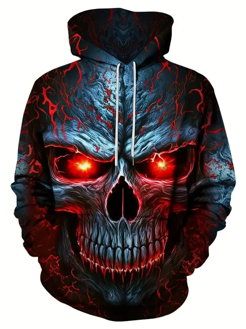 Casual Men's  Hoodie 3D Printing Burning Skull Graphic Print Hoodies,Drawstring Oversized Hooded Pullover Sweatshirt Autumn Tops