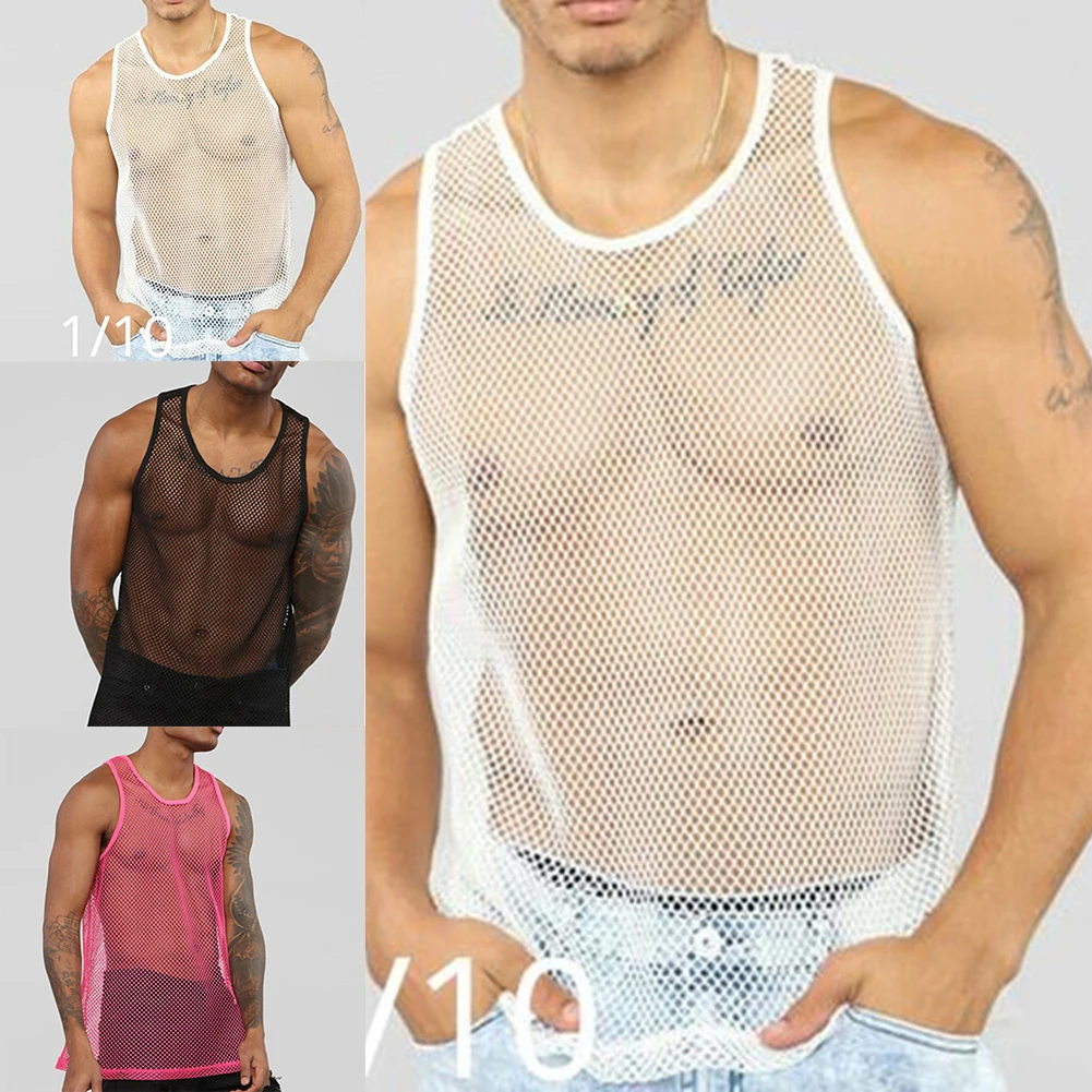 

Tank Tops Vest Polyester O-neck Rose Red Sleeveless Streetwear Transparent Mesh Patchwork Party Nightclub Wear Tank Tops Black