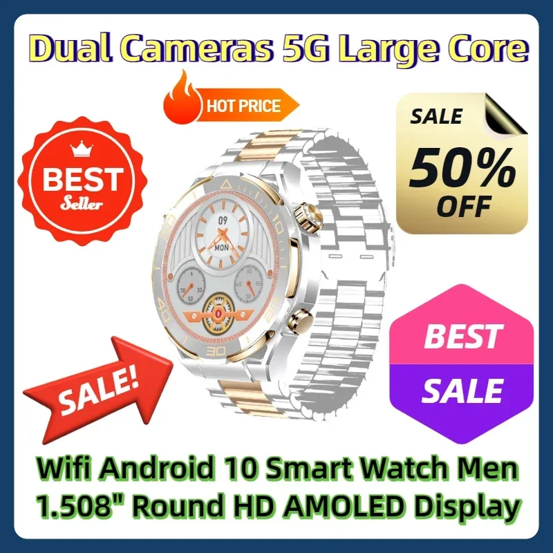 Dual Cameras 5G Large Core Wifi Android 10 Smart Watch Men 1.508