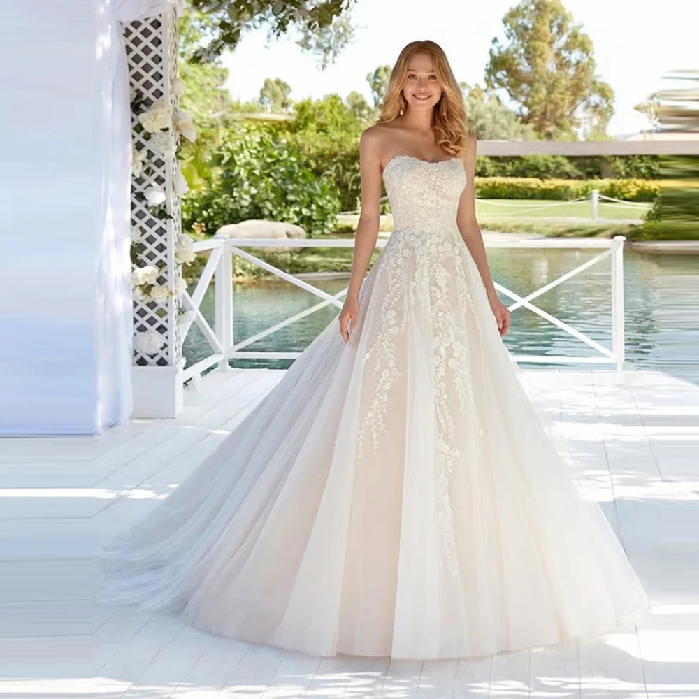 

Sweetheart Collar Women Wedding Dresses Elegant A-Line Lace Printing Bridal Gowns Mopping Length Vestidos De Novias Customized