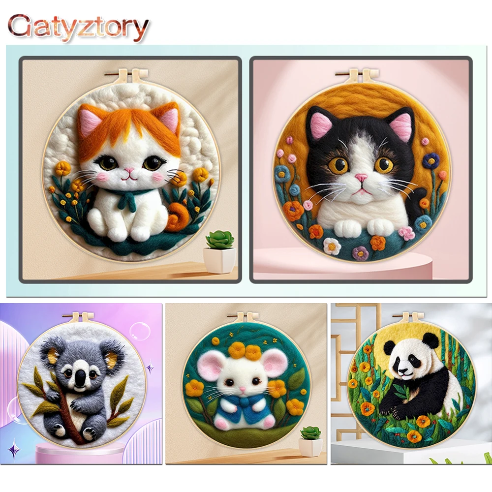 

GATYZTORY Creative Cat DIY Wool Felting Paintings Embroidery With Frame Craft kit Felt Wool Painting Handmade Needle Picture Hot