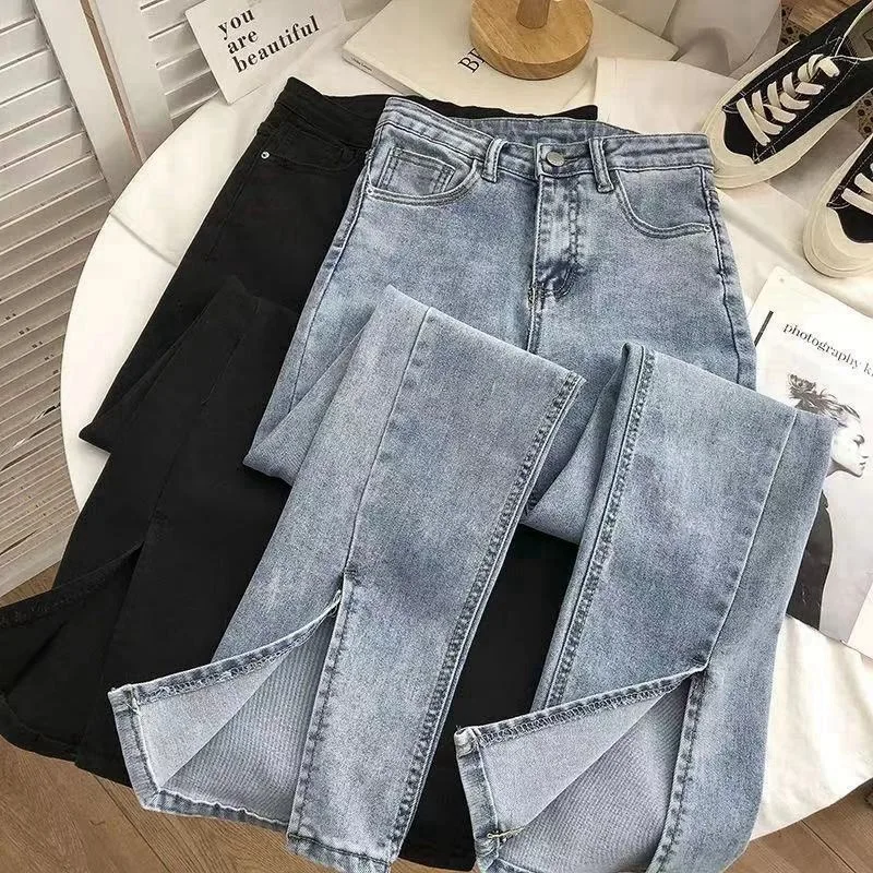 Slim Fit High Waist Cotton Stretch Denim Micro Flared Jeans Women's Summer New Style Elastic Wide Leg Pants Slit Floor-Length