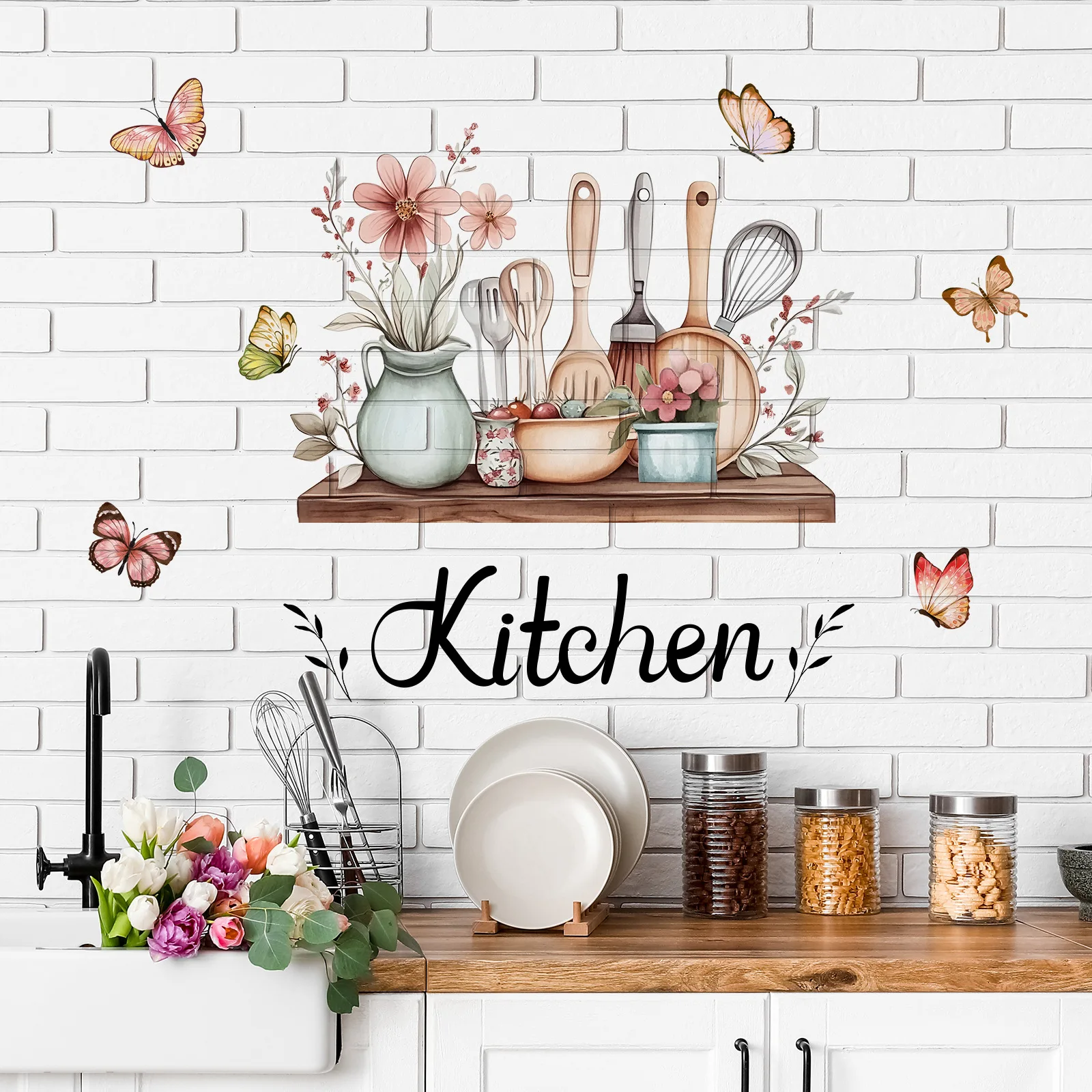 1pc Creative Kitchen Utensil Pattern Self-Adhesive Wall Sticker PVC Waterproof Home Decor Art for Kitchen Dining Room Decoration