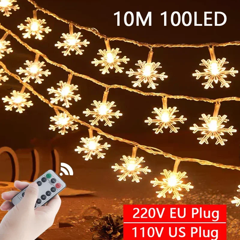 10M 80LED LED Snowflake Garland Festoon 220V Christmas Fairy String Lights Outdoor For New Year Tree Festival Party Home Decor