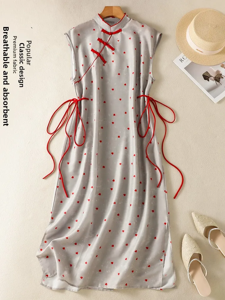 

New Chinese Style Polka Dot Qipao Dress Women Summer Stand Collar Button Waist Cinching Long Skirt Thin Viscose Fiber Dress