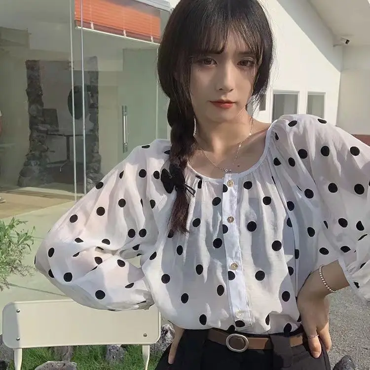 Polka Dot Long Sleeved Top for Spring and Autumn New Style Round Neck Collarbone Exposed Shirt for Women Loose and Breathable