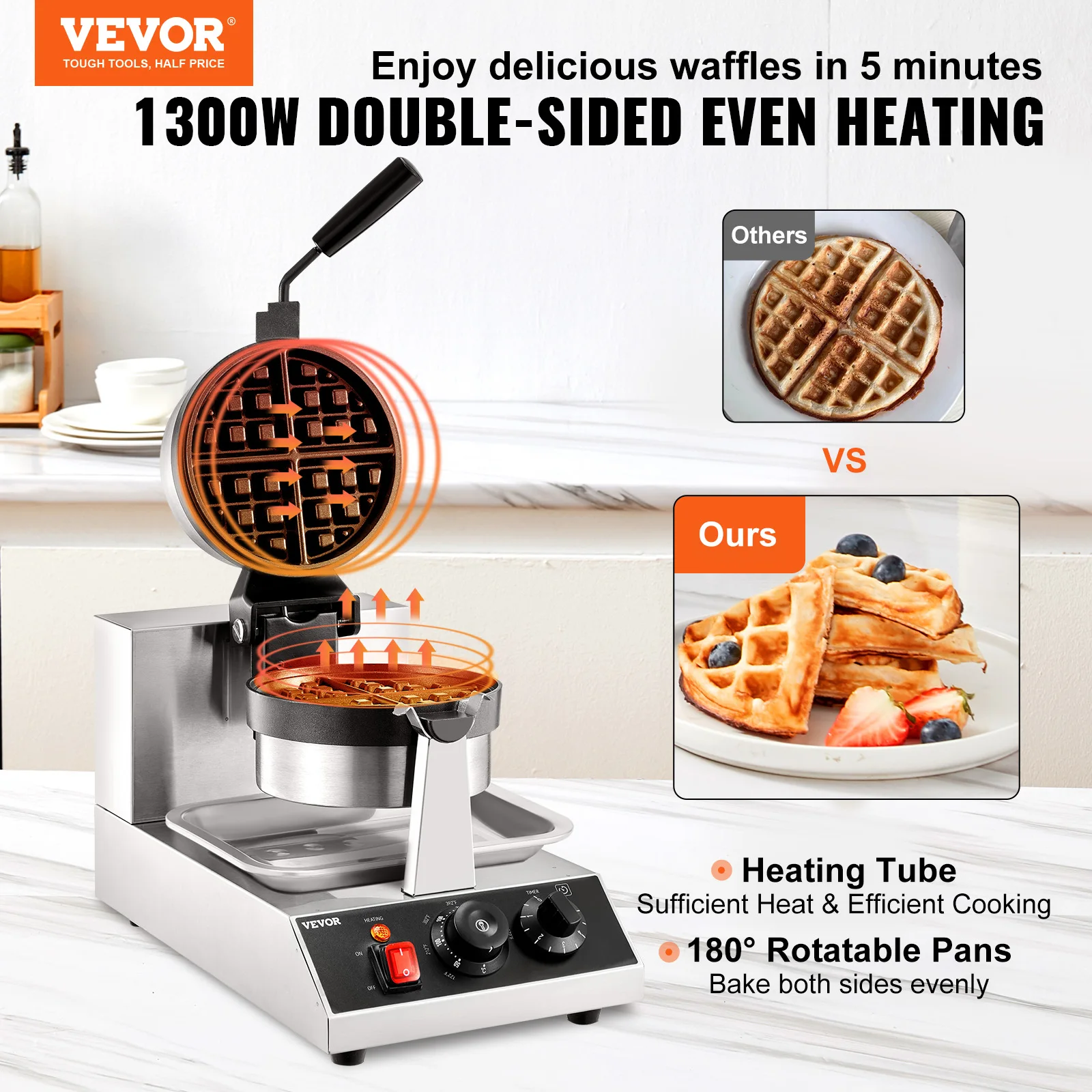 VEVOR Electric Waffle Maker Round Waffle Iron Non-Stick Waffle Baker Machine Teflon-Coated Baking Pans Stainless Steel Gaufriers