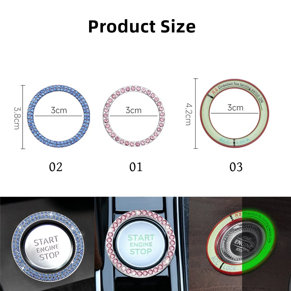 Car Diamond One Click Start Decorative Ring Button Car Water Diamond Decorative Cover Protective Cover Car Ignition Key Ring