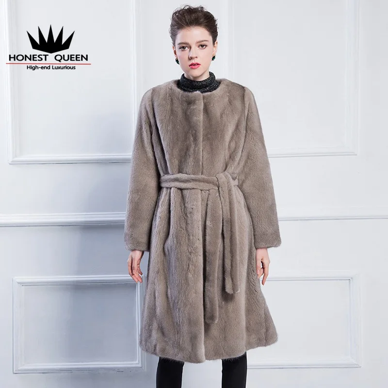 Velvet mink whole mink  round neck  simple  belt fur coat  natural mink coat ladies  really fur  Long black white fur coat