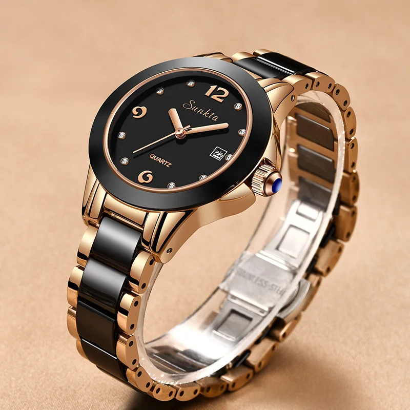 LIGE ブランド Sunkta クォーツ女性用腕時計セラミックファッション高級エレガントなシンプルなダイヤル時計女性用防水時計ギフト