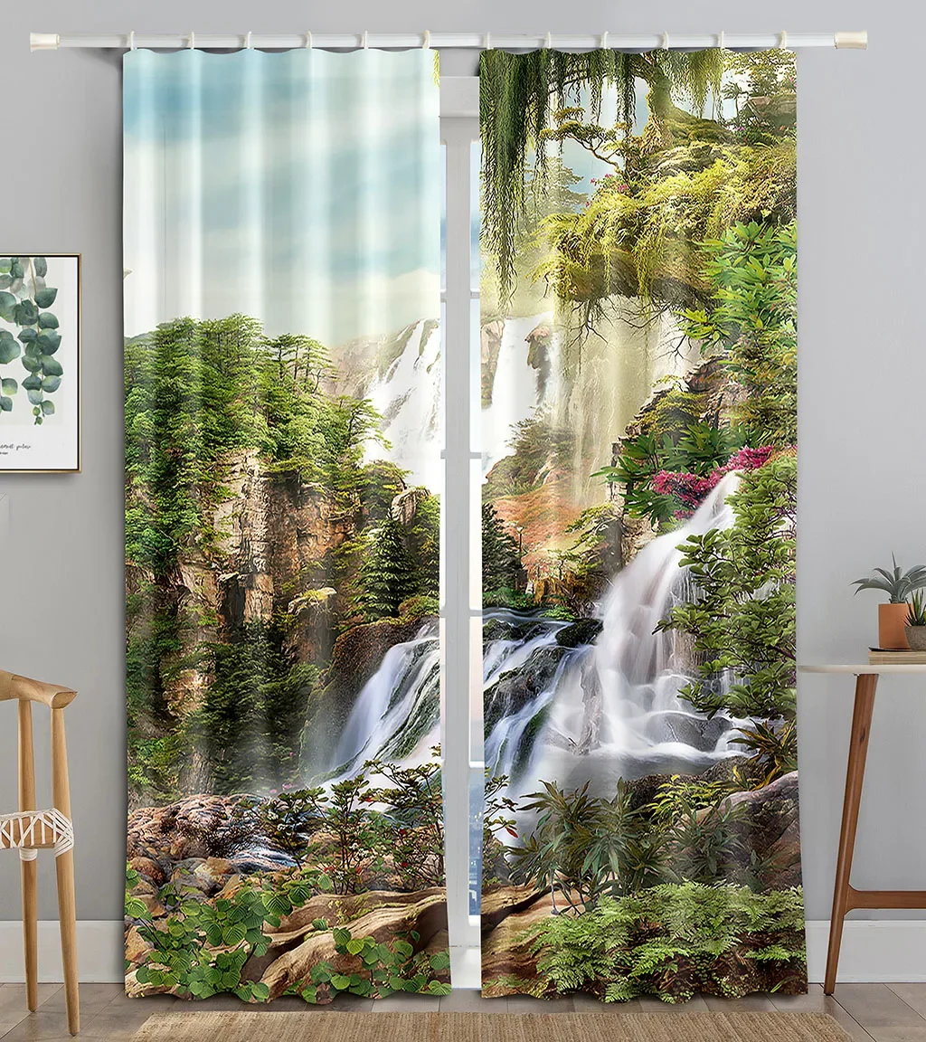 3D Waterfall Natural Scenery Landscape Thin Window Curtains For Living Room Kitchen Bedroom Left and Right Biparting Open