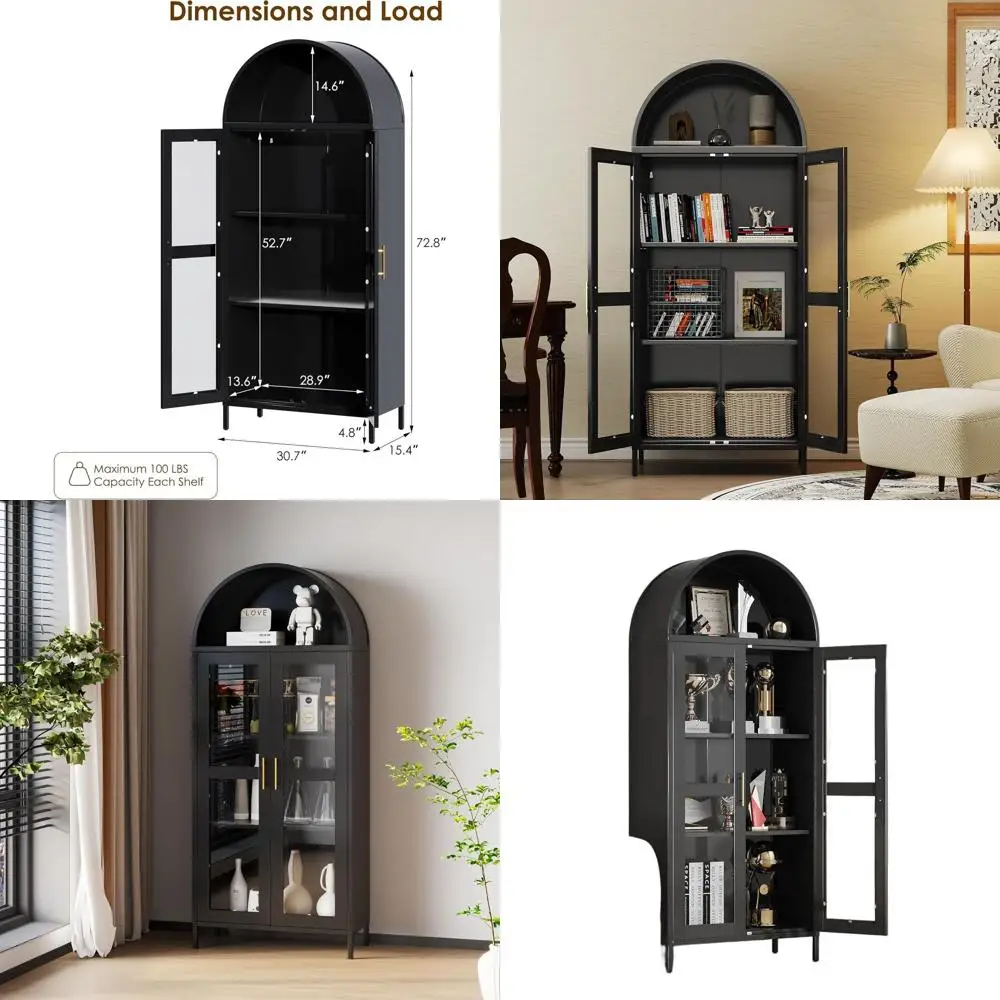 

Черный стеклянный витринный шкаф 73 Arched Glass с регулируемыми полками для гостиной или домашнего офиса