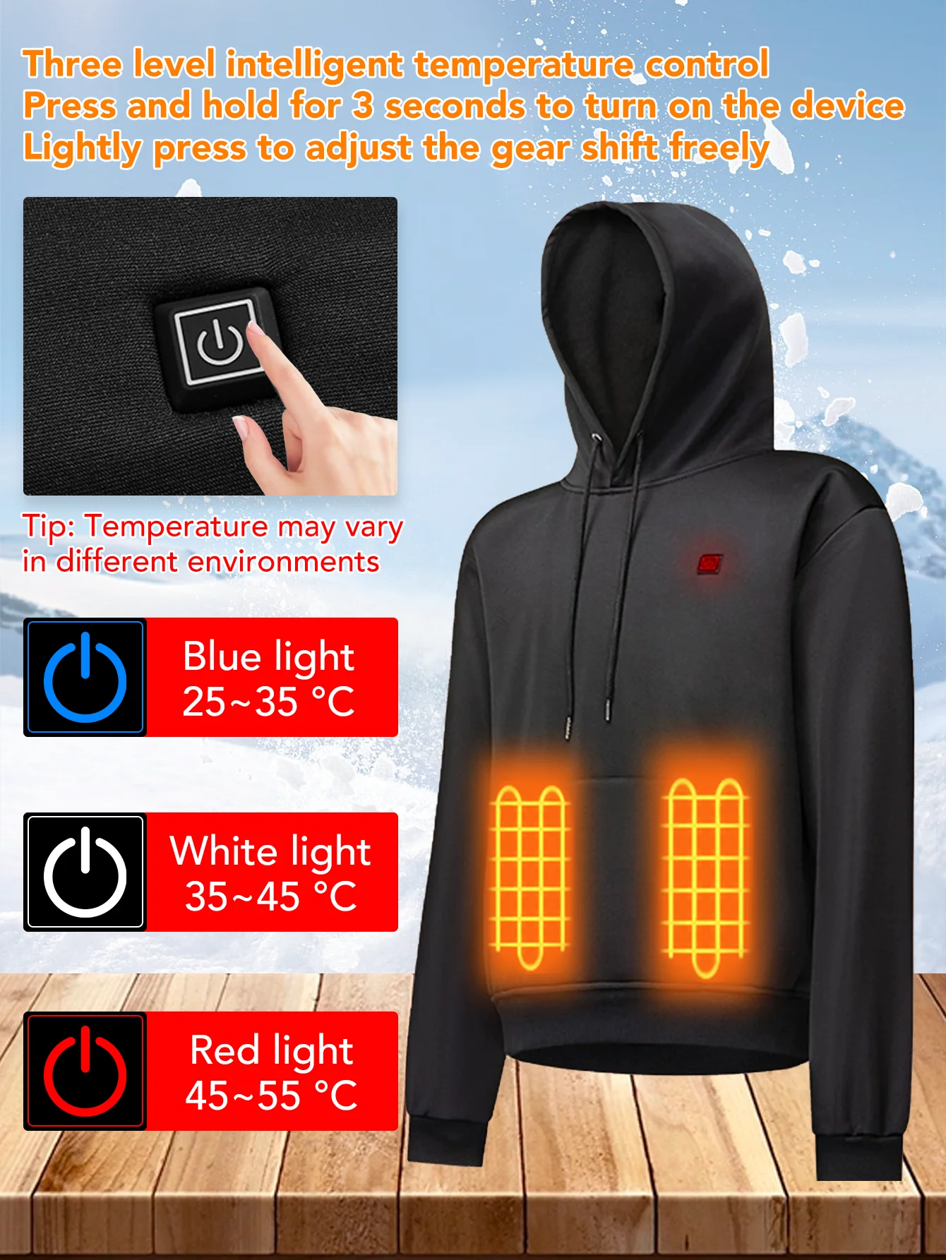 هوديي ساخن، سترة كهربائية، هوديي بقلنسوة، تنظيم درجة الحرارة 3 مستويات، موضة الشتاء، الدفء، المشي لمسافات طويلة في الهواء الطلق، الصيد،