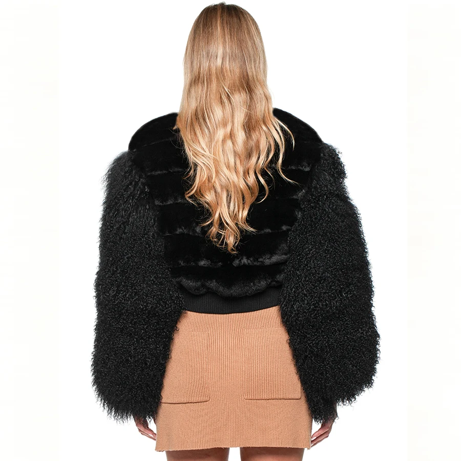 Black Rabbit Fur And Mongolian Lamb Fur Jacket Women's Winter Jacket Genuine Chinchilla Fur Coat Luxury Crop Jacket
