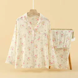 100% Cotton Gauze Printed Long Sleeve Pajamas for Women Simple and Loose Fitting Casual Sleepwear Comfortable Home Clothing Set