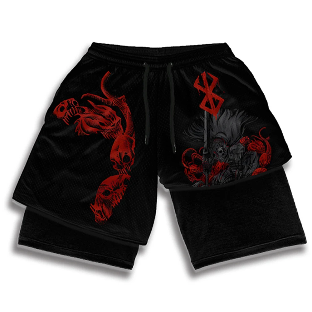 Men\'s Anime Shorts Berserk Manga Print 2 in 1 Gym Shorts Compression Stretchy Sports Shorts Quick Dry Fitness Workout Summer